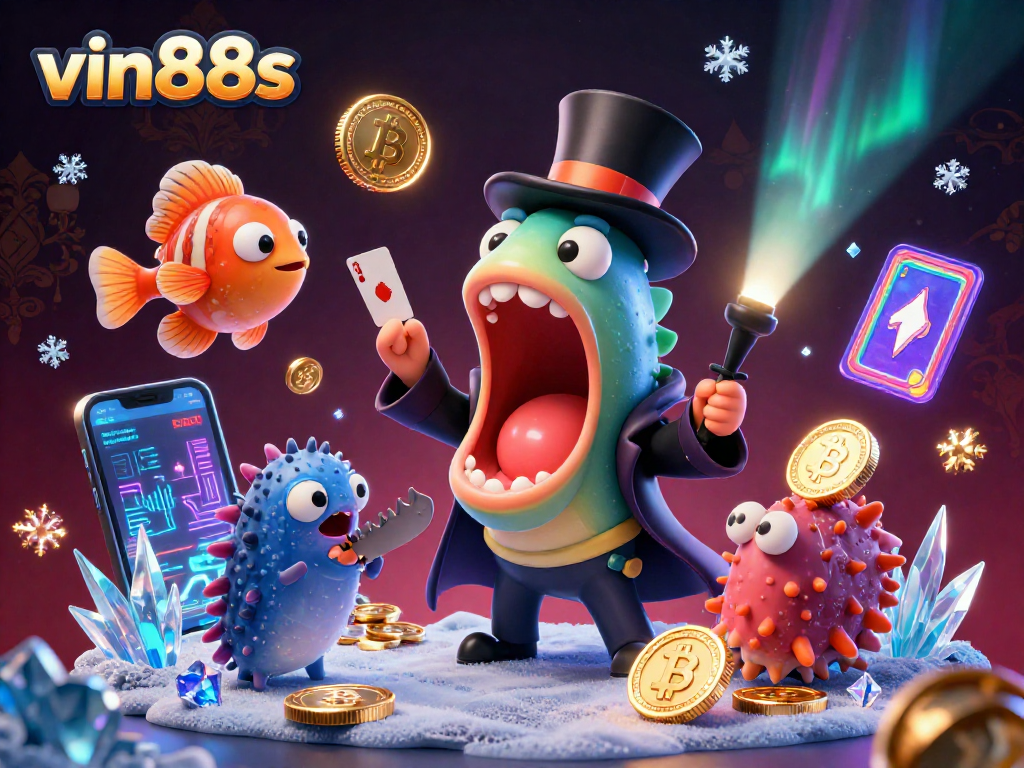 Experience excitement with vin88s in this vibrant 3D casino illustration showcasing unique sea creatures.