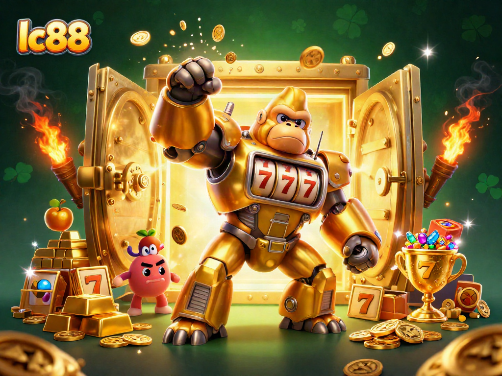 Engage with exciting lc88 slot action featuring a golden gorilla mech and dazzling treasures.