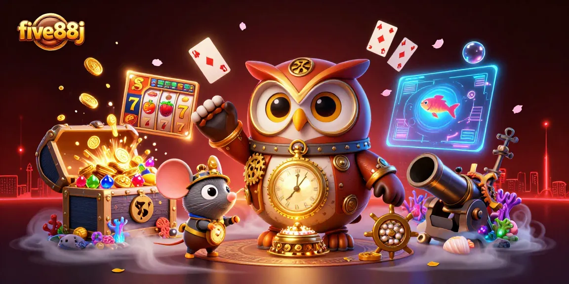 Engage in thrilling gameplay at five88j with vibrant slot reels and steampunk elements.