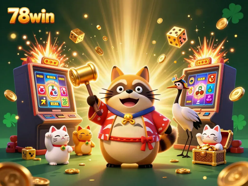 Engaging 78win casino scene with cheerful tanuki and lucky symbols creating excitement.