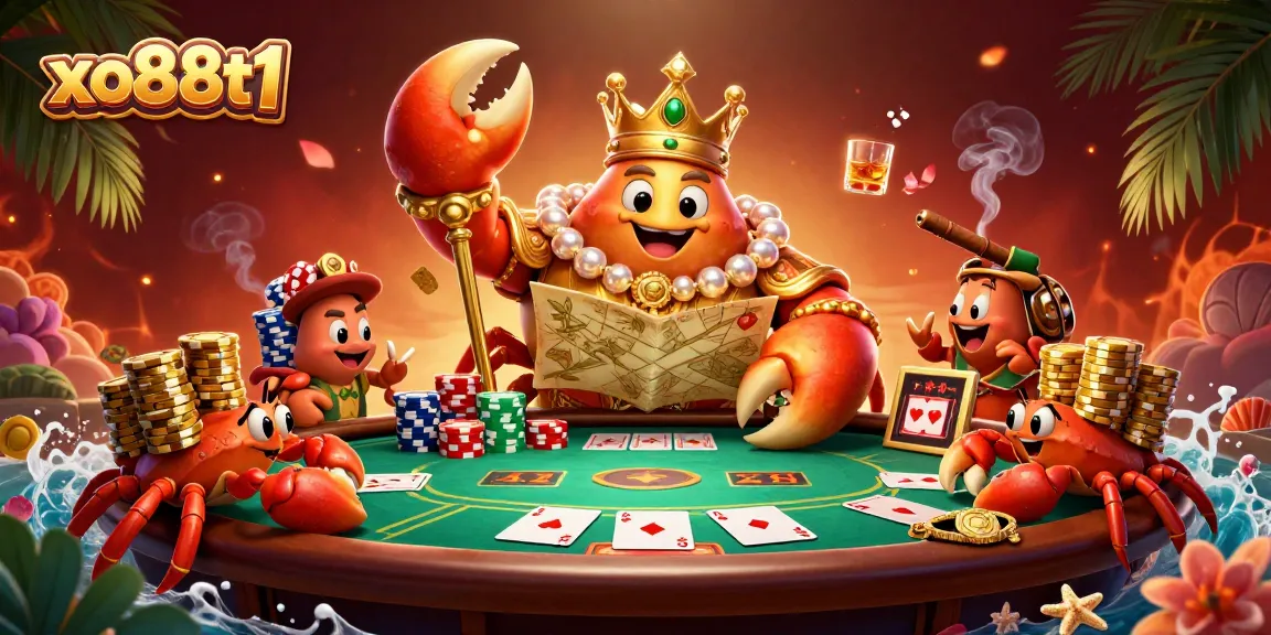 Engage in thrilling games like poker on xo88t1, highlighted by a stunning crab emperor illustration.