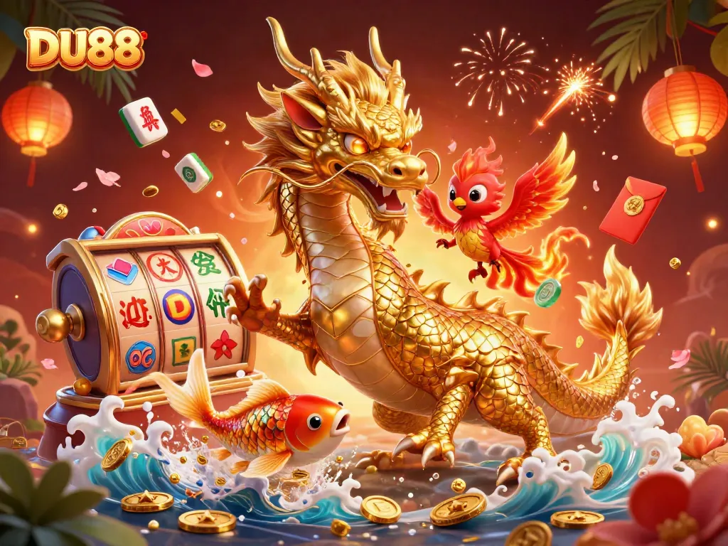 Engage with DU88's exciting casino action featuring a golden dragon, phoenix, and koi fish amidst vibrant slot games.