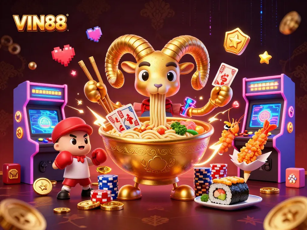 Join the fun with VIN88 as the giant ramen bowl deals winning cards in a vibrant arcade casino scene.