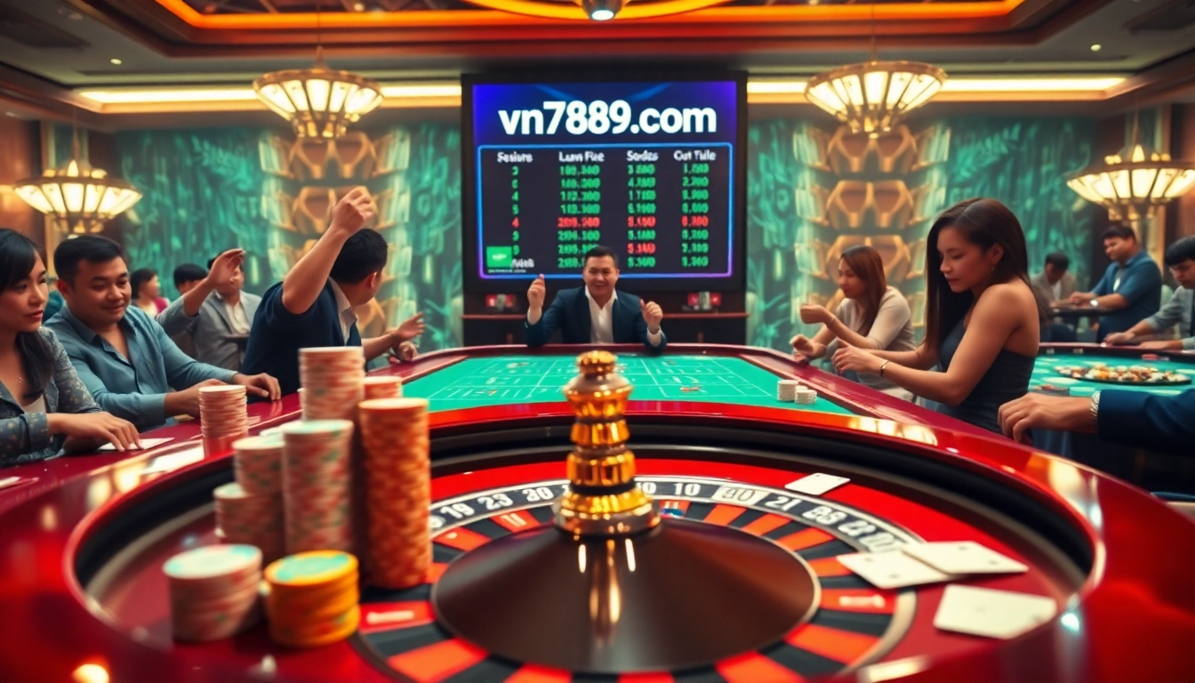 Experience the thrill of winning at vn789.com with vibrant casino gaming tables and excited players.