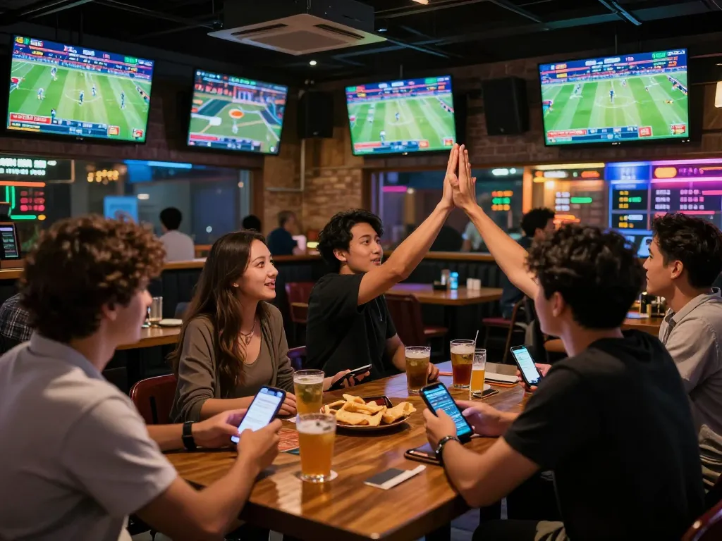 Exciting sports betting atmosphere at a bar with patrons actively placing bets on TG88 platform