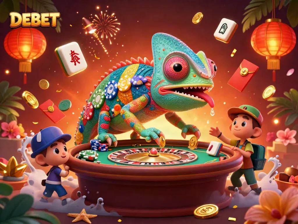 Play at DEBET casino with a colorful chameleon mascot surrounded by festive gambling elements.