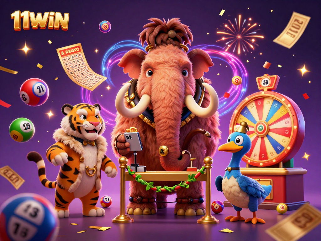 Experience the vibrant atmosphere of 11WIN with dynamic lottery and casino elements in this thrilling illustration.
