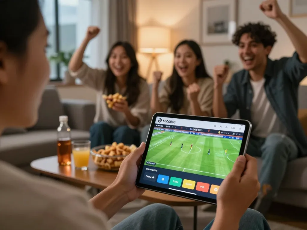 Socolive streaming live soccer match on tablet in a cozy home setting.