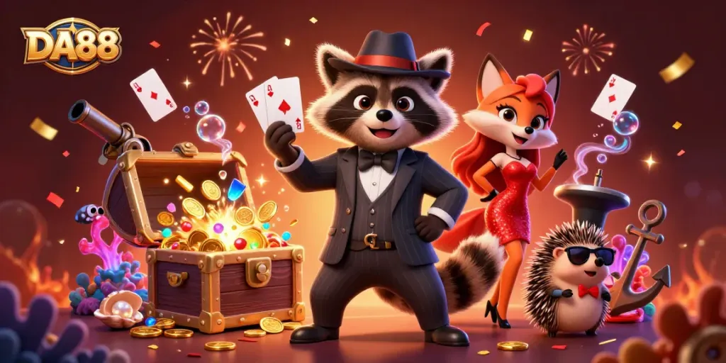 Win big with DA88 in this vibrant casino-themed 3D illustration showcasing charming characters and dynamic elements.