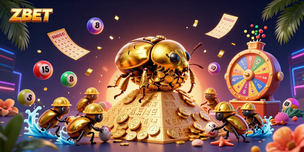 ZBET showcases an epic scene of golden beetles celebrating online gaming excitement with vibrant lottery elements.