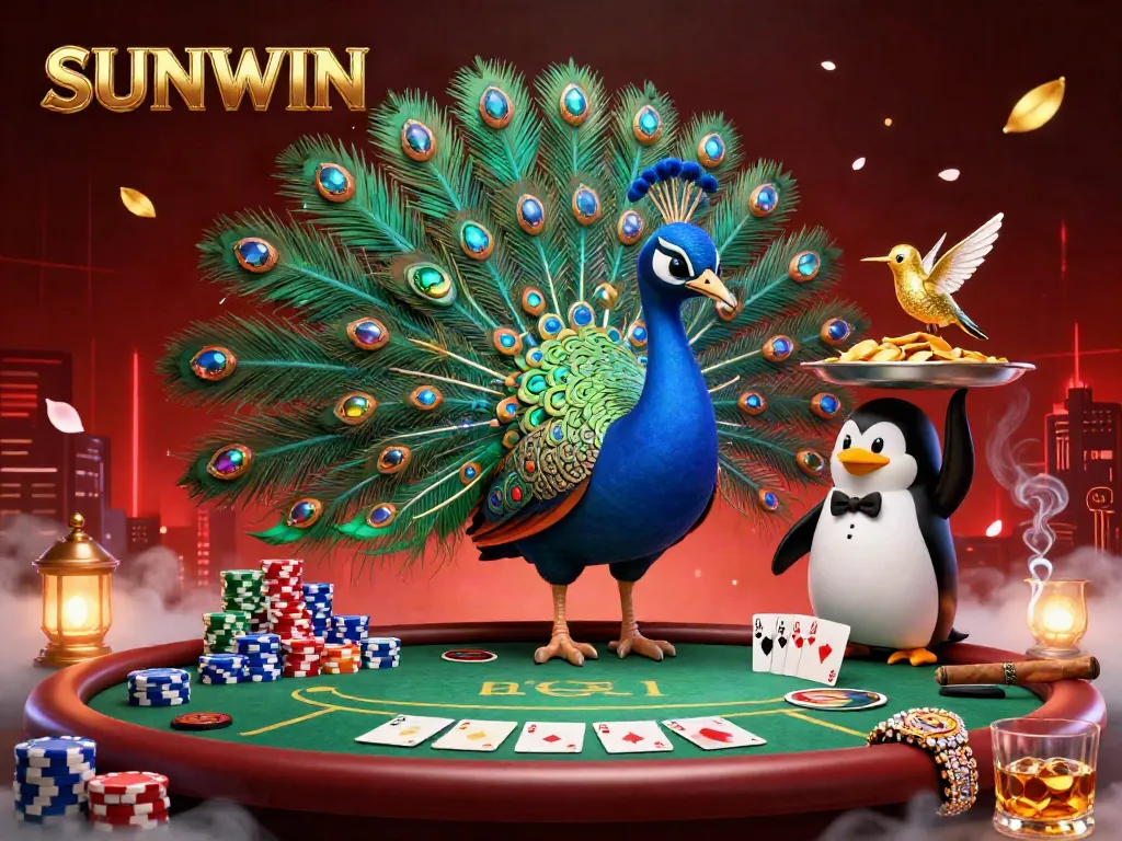 SUNWIN invites players to engage with a vibrant casino scene featuring a peacock, penguin, and hummingbird amidst poker elements.