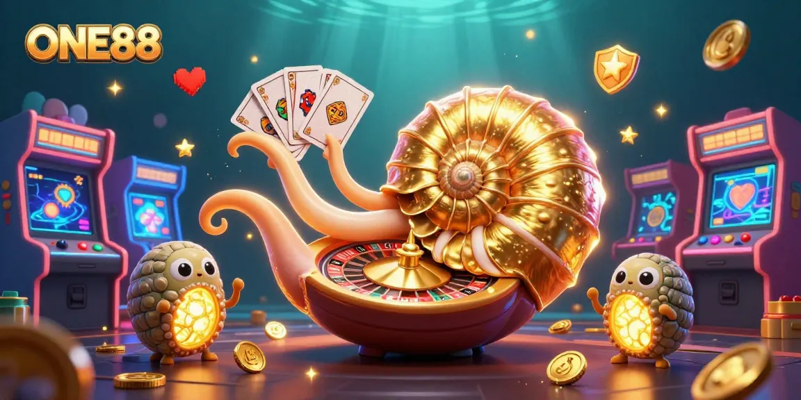 Play games at ONE88 with a vibrant casino scene featuring an ancient giant nautilus and glowing treasures.