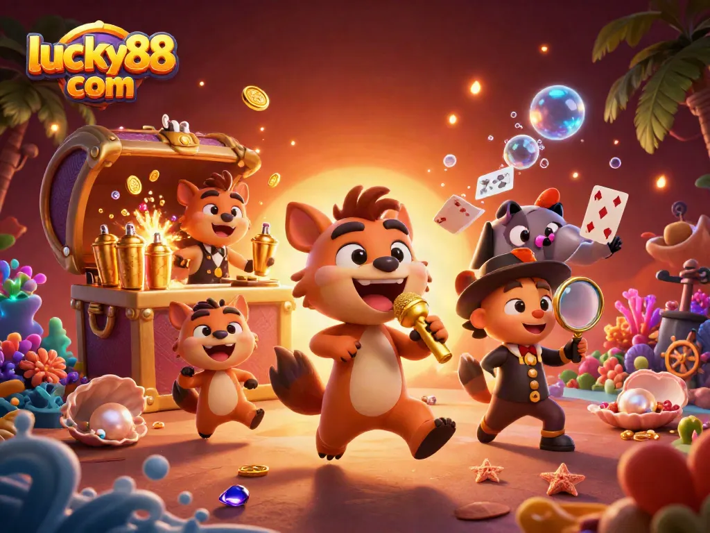 Spin and win at lucky88 com with vibrant hyenas in a 3D casino scene filled with gems and gold.