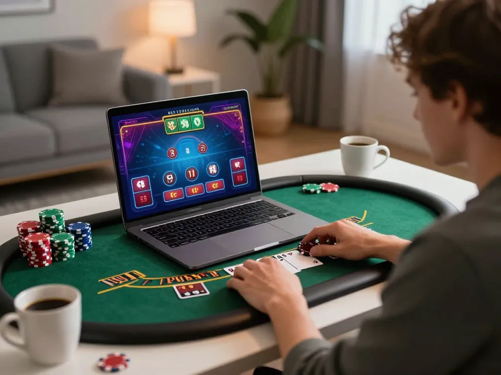 A person gaming online with blackjack on a laptop, representing site australia’s strategic gambling.