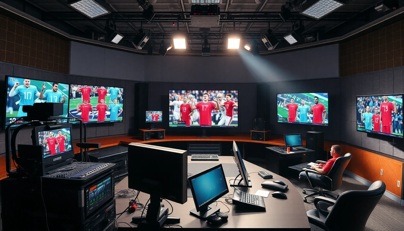 Engaging scene of sports broadcasting, featuring lively hosts and advanced technology.