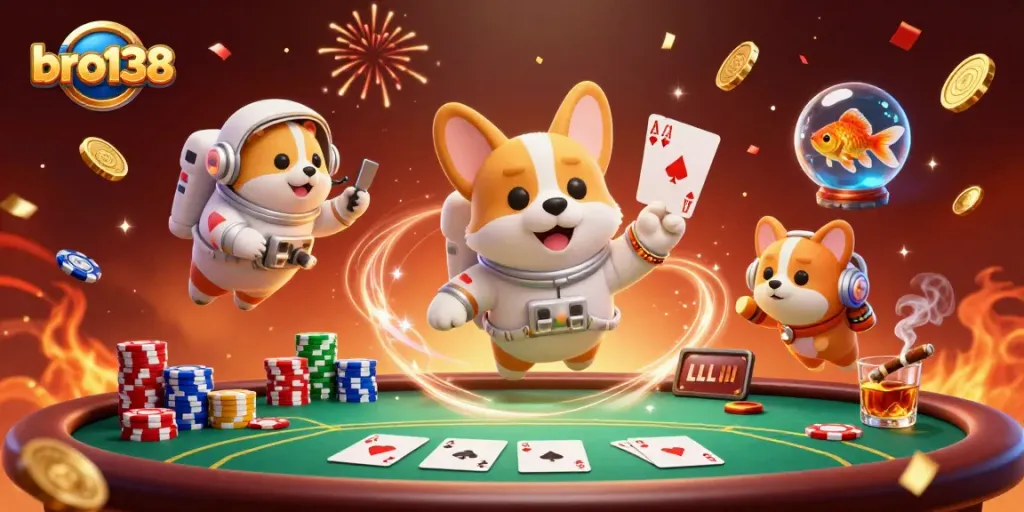 Unleash winnings with bro138's exhilarating casino scene featuring floating chips and vibrant energy.