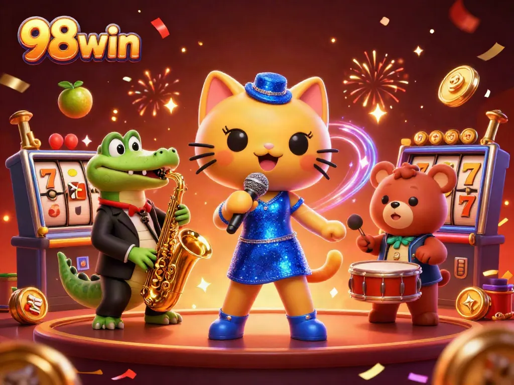 Experience the excitement of 98win with vibrant casino characters performing around slot reels and jackpots.