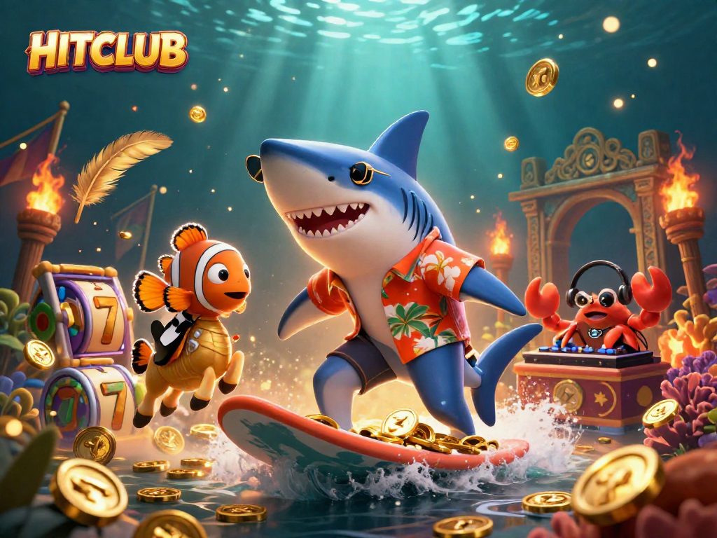 Join HITCLUB's exciting games with a 3D shark and friends in a dazzling underwater casino.