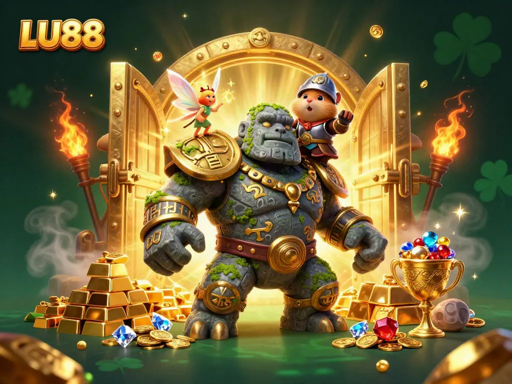 Experience thrilling gaming at LU88 with a vibrant 3D illustration of fantasy guardians and treasures.
