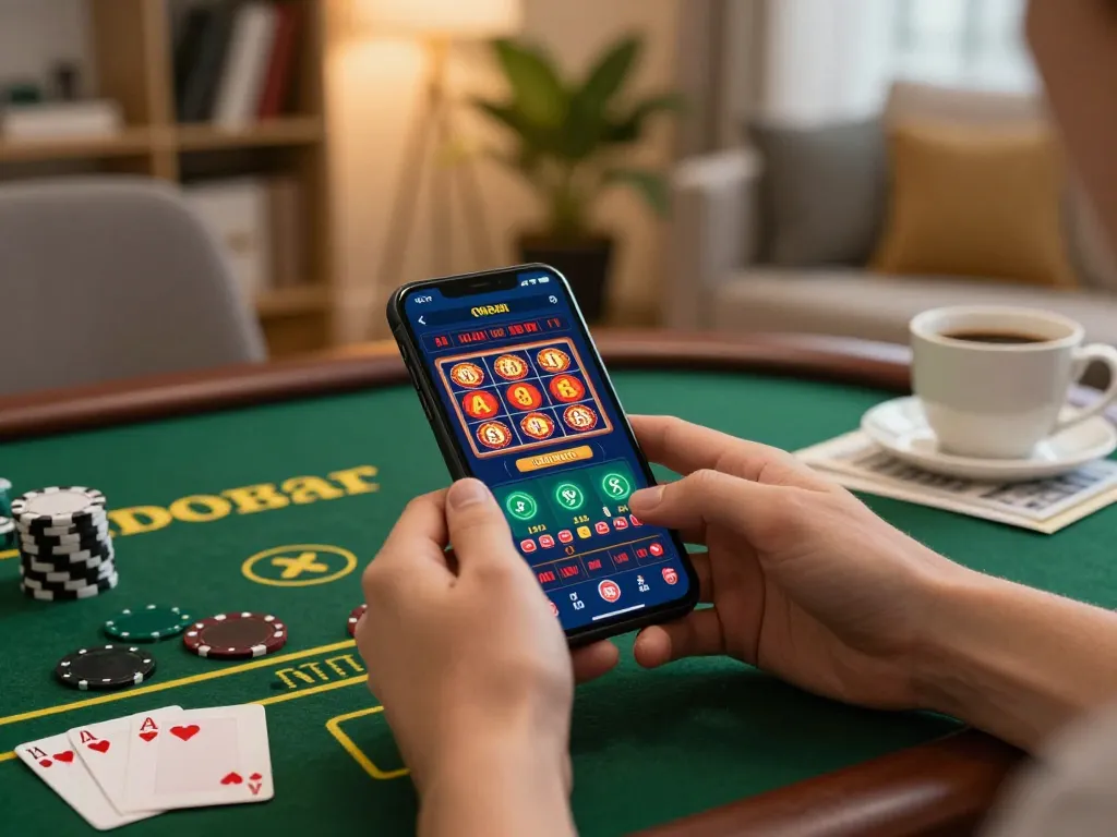 Hành động cờ bạc di động LUCK8 với người chơi đặt cược trên điện thoại thông minh trong không gian ấm cúng tại nhà.