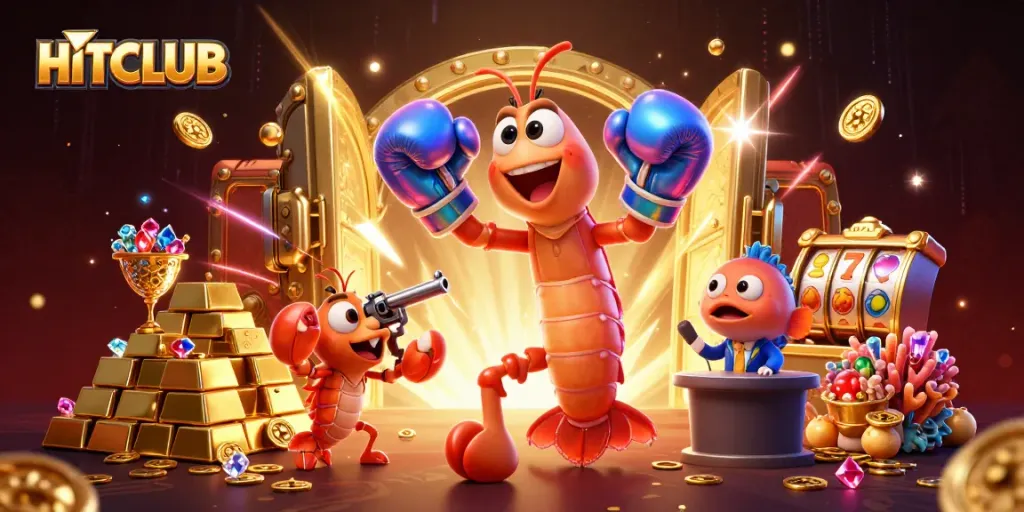 Engage in HITCLUB's exciting casino adventure with vibrant 3D characters amidst treasure and slot symbols.