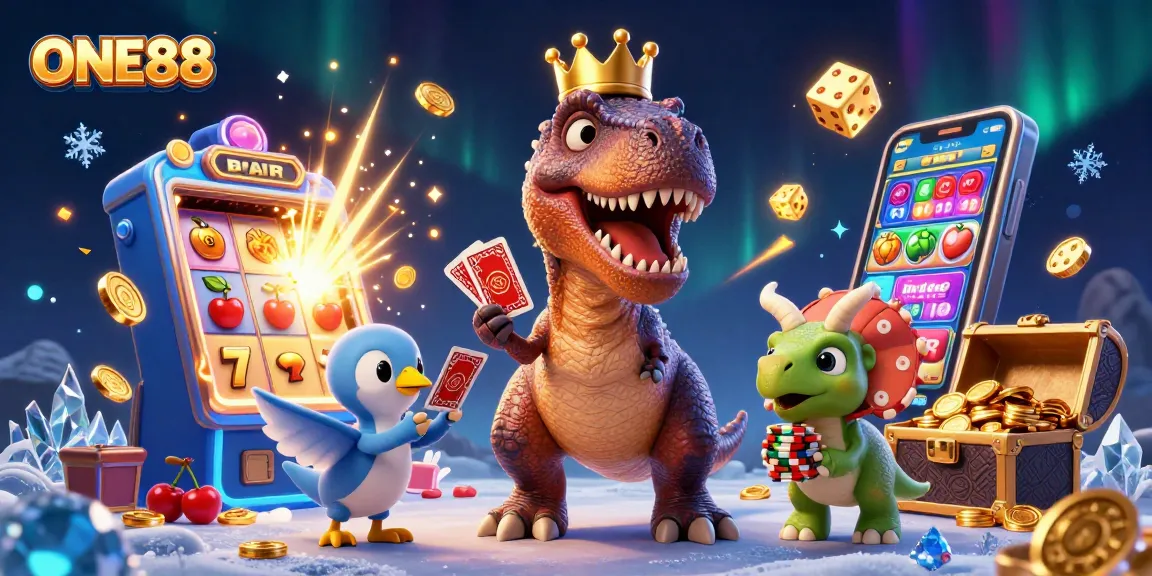 ONE88 offers a lively casino atmosphere with a T-Rex shuffling cards, exuding winning energy and fun.