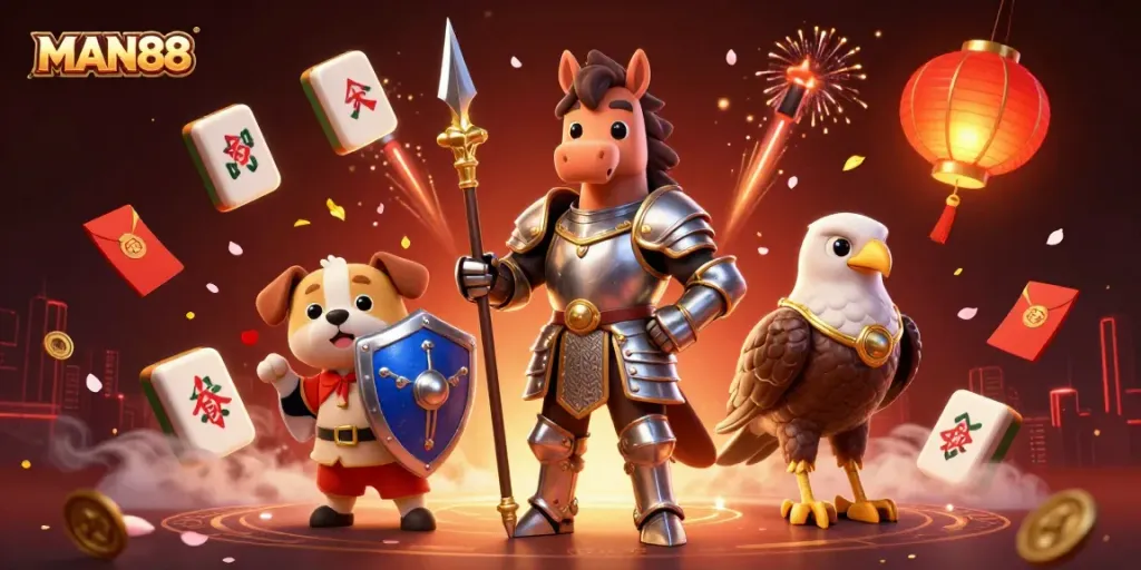 Experience the excitement of MAN88 with vibrant 3D visuals of casino elements and characters.
