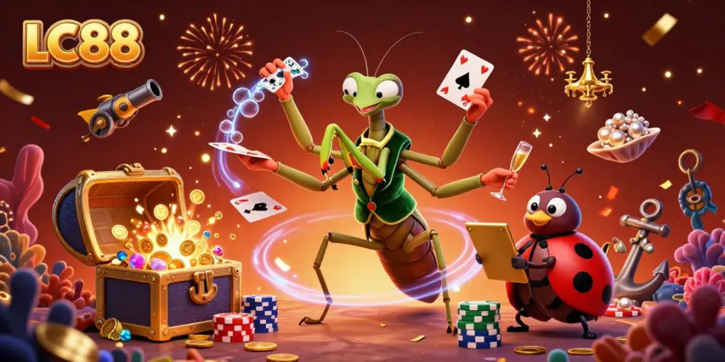 Engaging scene with LC88 characters in a vibrant casino setting celebrating winnings with gold coins and colorful gems.