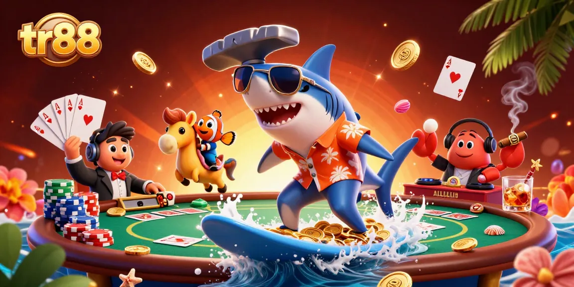 Experience winning fun at tr88 with lively casino characters surfing on gold coins.