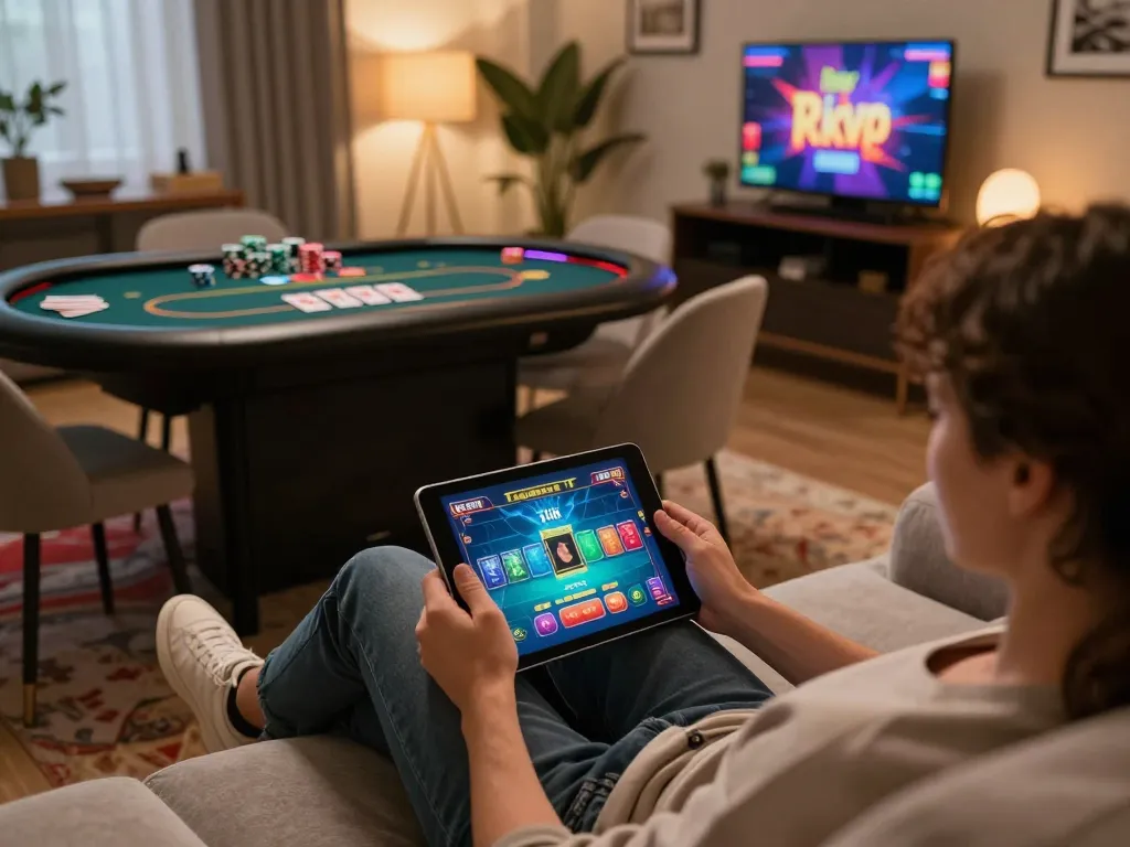 Engaging in Rik vip online gaming on a tablet, showcasing vibrant gameplay and cozy home atmosphere