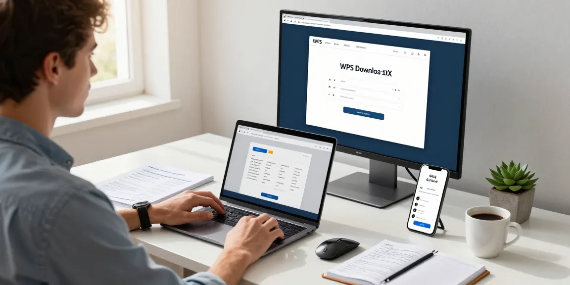 WPS Download interface displayed on a modern workspace, showcasing software installation process.