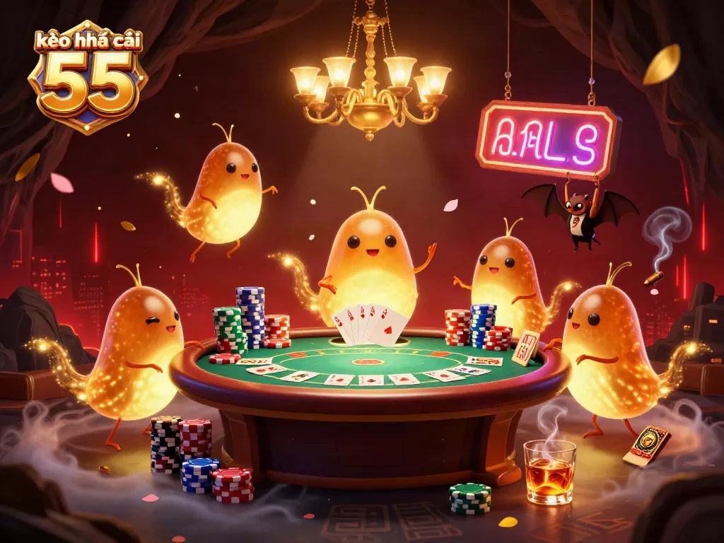 Experience the thrill of kèo nhà cái 55 with a vibrant casino scene featuring glowworms and exciting game elements.