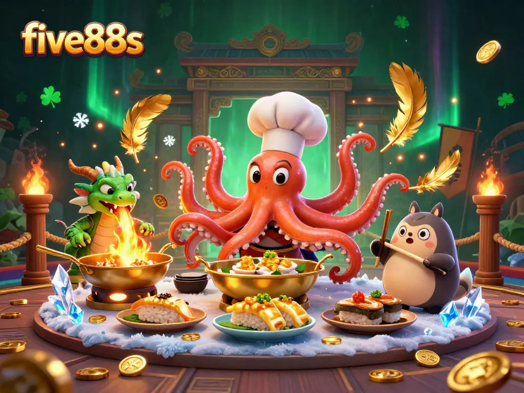 Five88s showcases a vibrant casino scene with a skilled chef octopus, dragon, and tanuki amidst golden gambling elements.