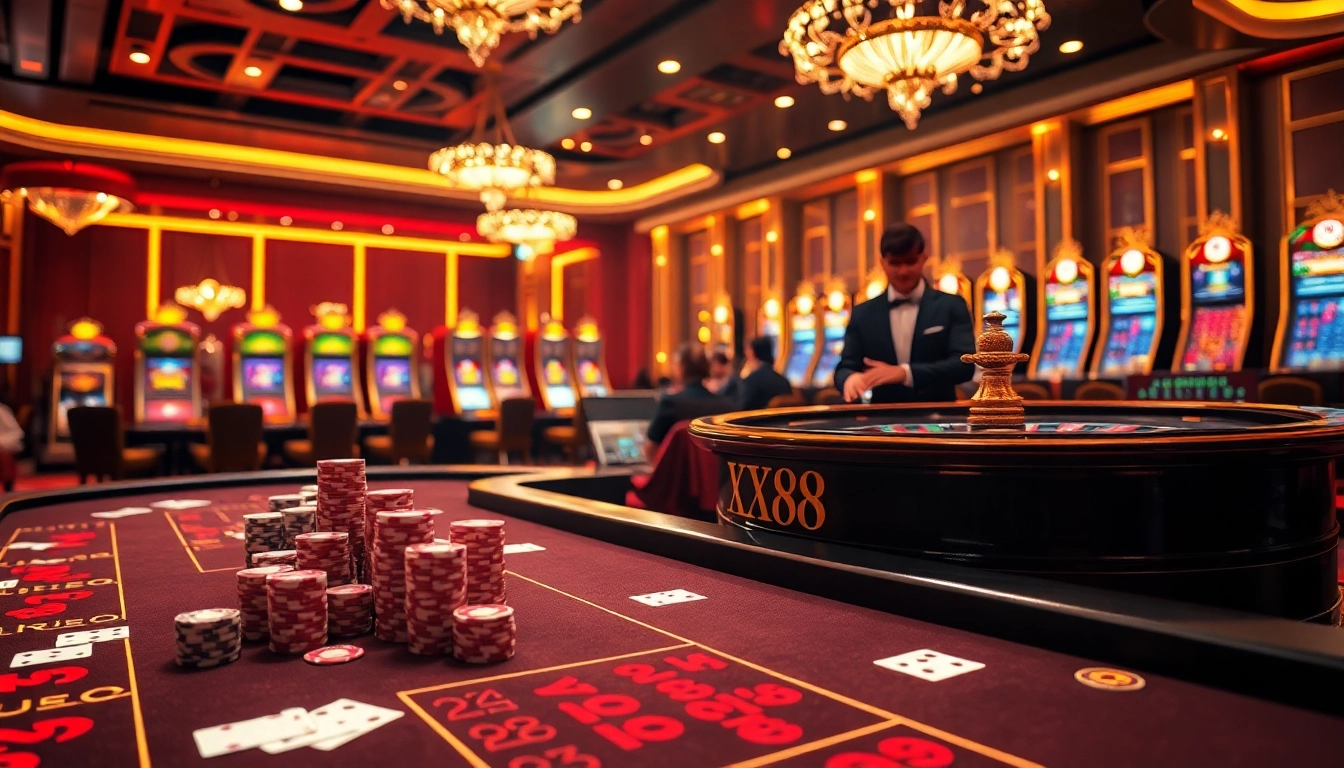 Experience the thrill of gambling excitement on Trang chủ XX88 with vibrant tables, chips, and lights.