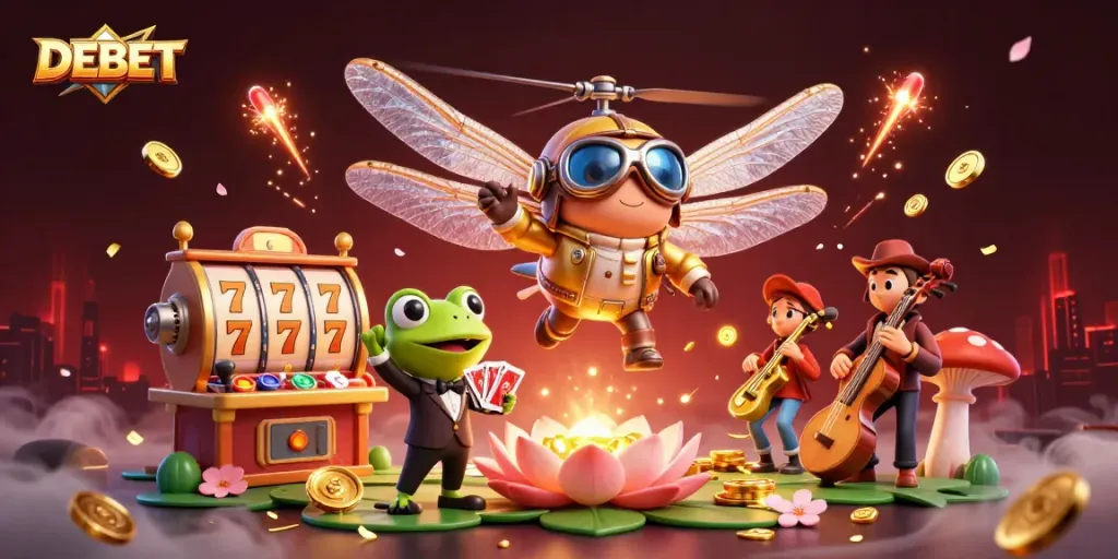 Experience thrilling casino action with DEBET's dynamic gaming scene featuring vibrant characters and lively elements.