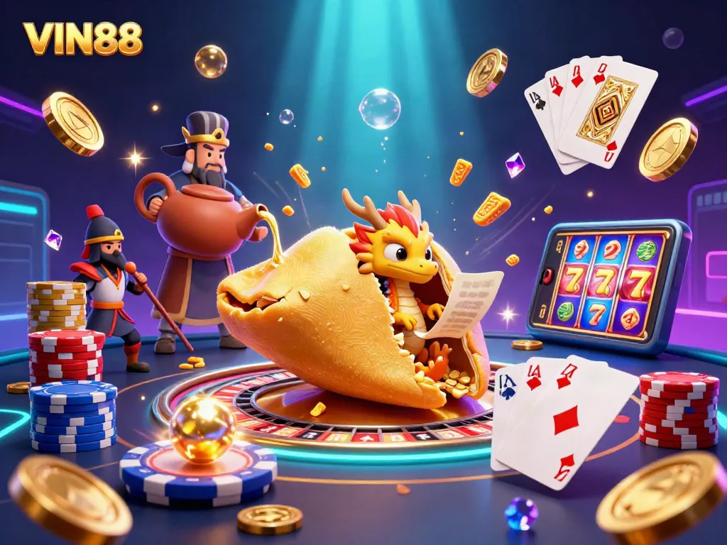 Experience the excitement of VIN88 with 3D casino fun featuring a golden fortune cookie and dynamic gaming elements.