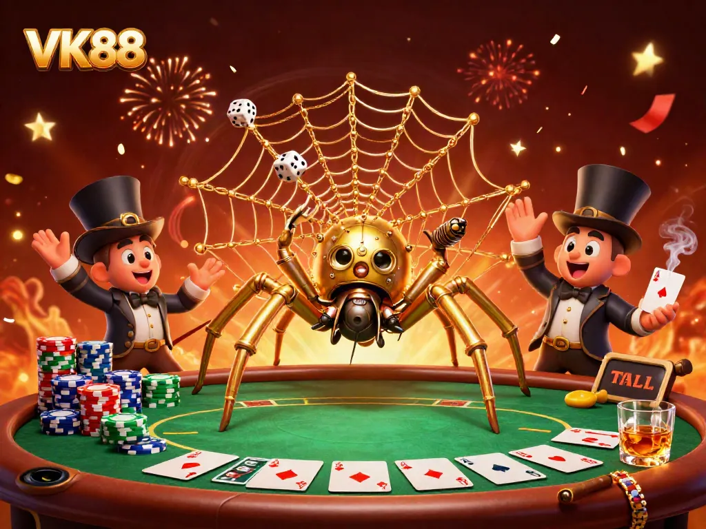Engage with VK88 as the golden spider weaves a web of chance and fortune across a lively casino scene.