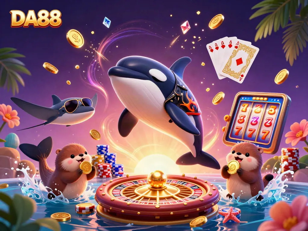 Experience thrilling wins with DA88 as sea creatures celebrate amidst cascading coins and casino fun.