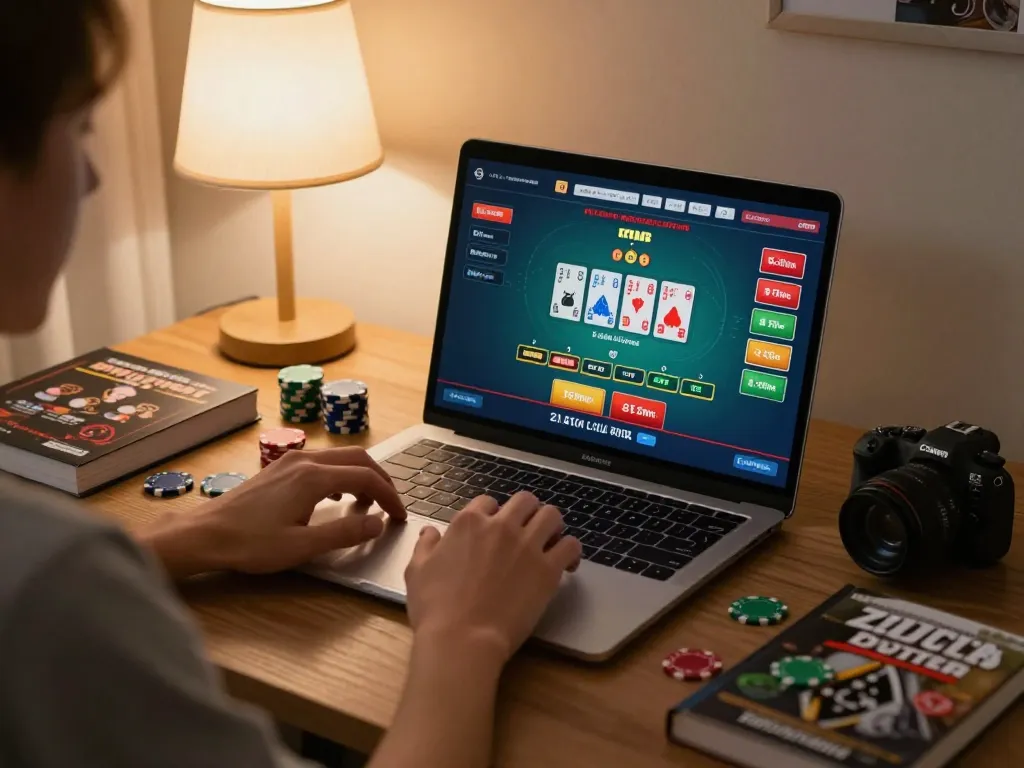 Engaging in online baccarat gameplay at https://max88sss.com/, showcasing a cozy home office setup.