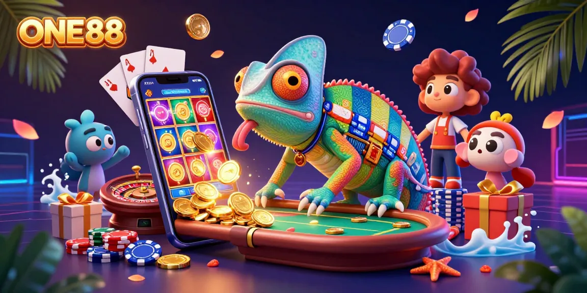 ONE88 engages players in a vibrant casino scene with golden coins and dynamic gaming elements.