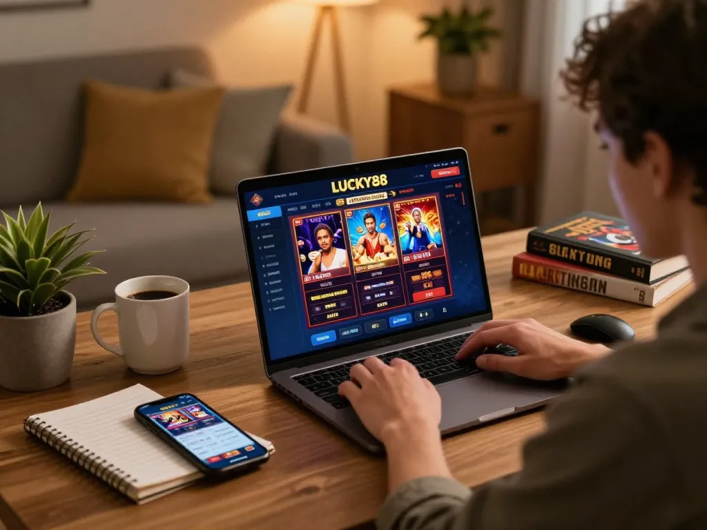Engaged player using LUCKY88 for online gaming with vibrant casino games displayed.