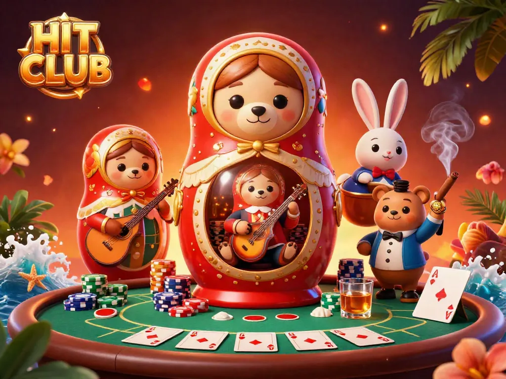 Engage in exciting gambling moments at HIT CLUB with lively characters and vibrant casino elements.
