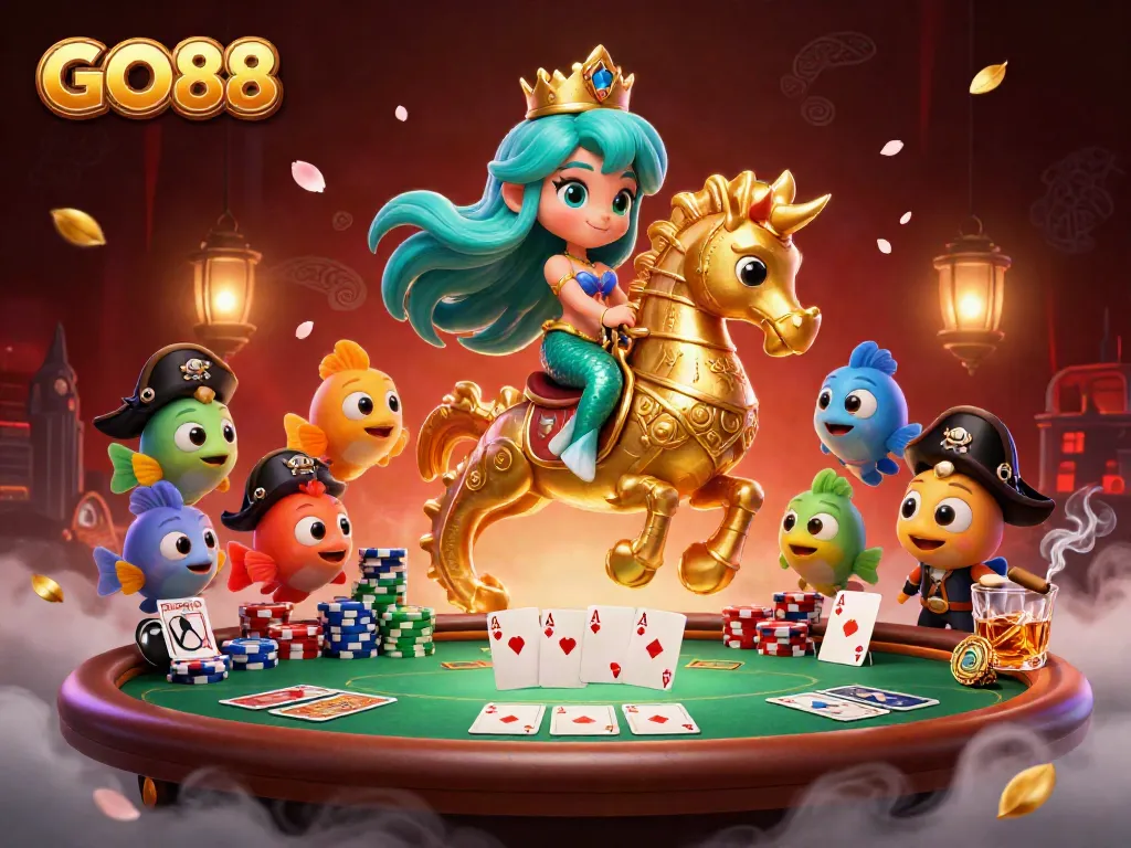 Experience GO88's enchanting underwater casino adventure with a mermaid princess and poker royalty.