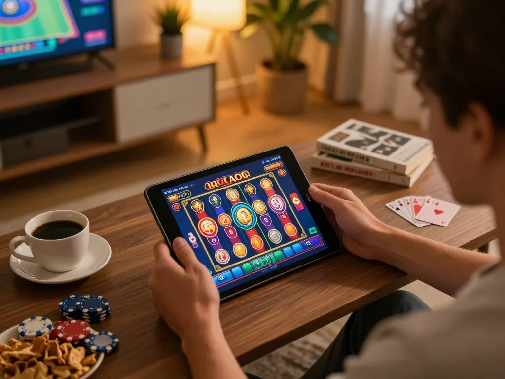 Engaged player enjoying a slot gacor game on tablet in cozy home setup.