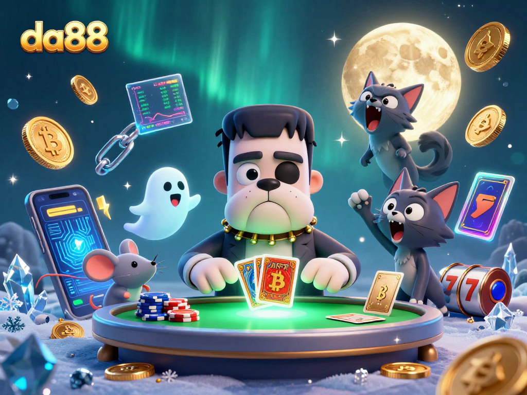 Engage with da88 and join a thrilling casino game featuring a Frankenstein bulldog dealing cards.