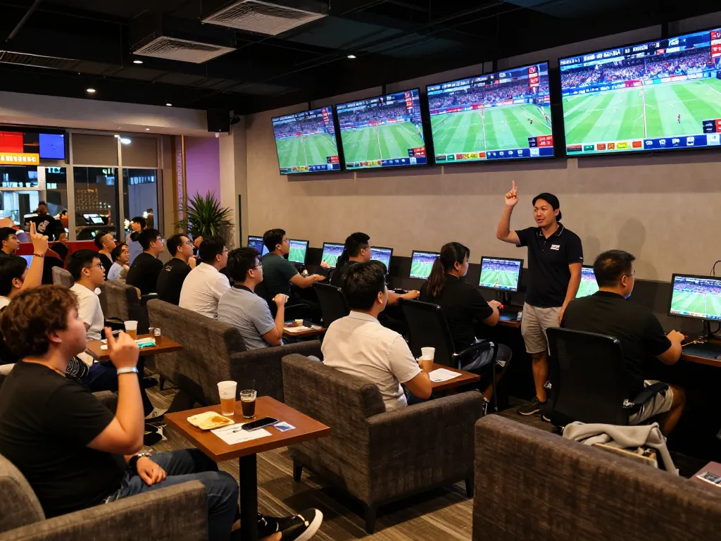 Fans engaging in live sports betting using kèo nhà cái trực tiếp, showing excitement in a lively lounge.
