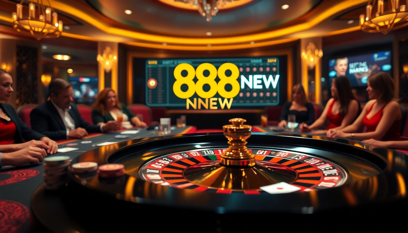 Players enjoying high-stakes games at 888NEW's luxury casino environment with roulette and cards.