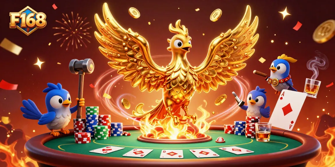 Experience F168's vibrant gaming with a golden phoenix and poker elements in a dynamic casino scene.