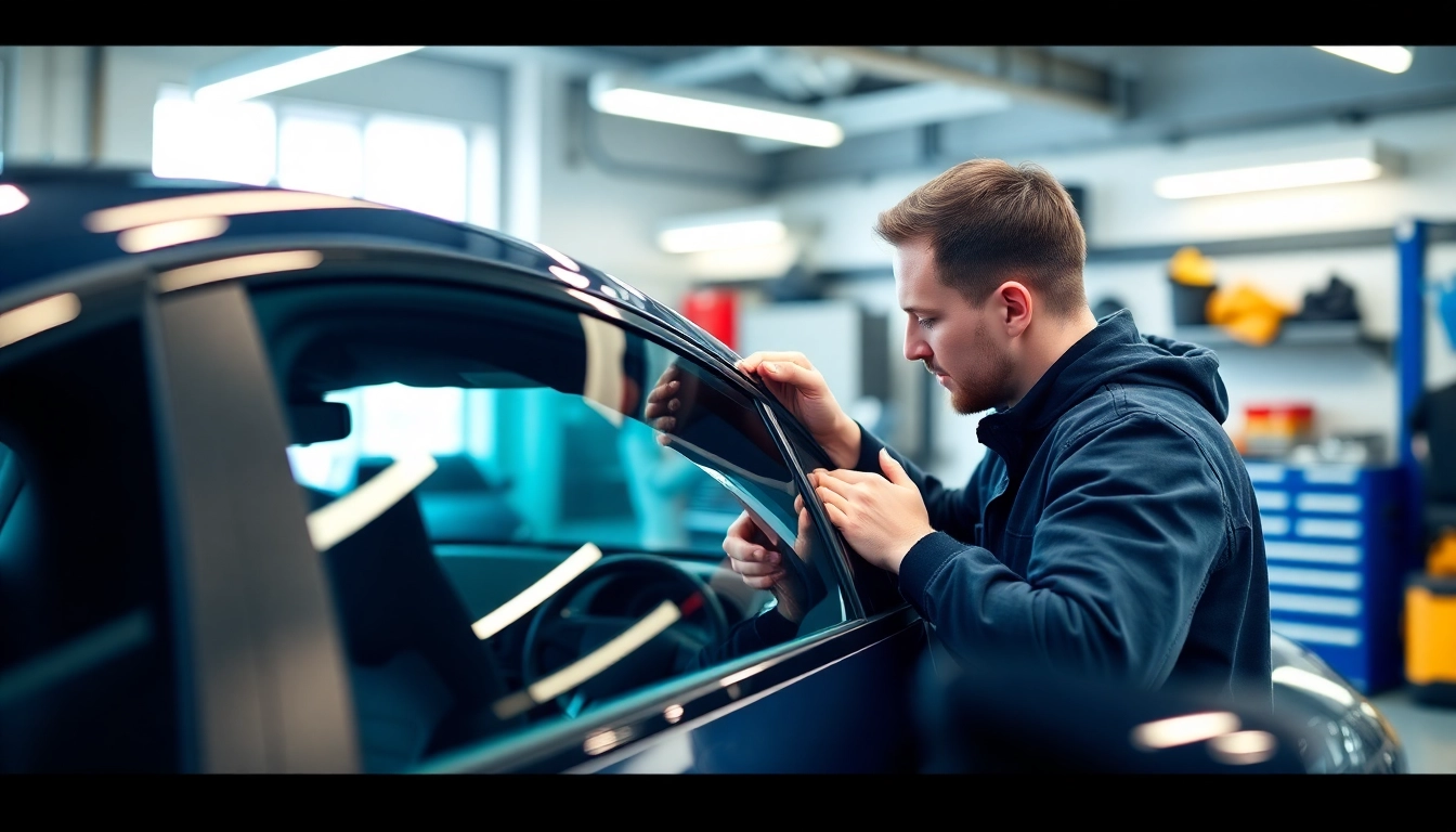 Get expert auto window tint near me with skilled technicians in a modern vehicle setting.