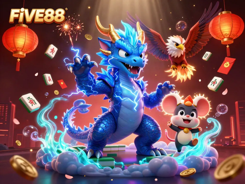 Experience the thrill of FIVE88 casino games with dynamic cartoon characters and vibrant casino elements.